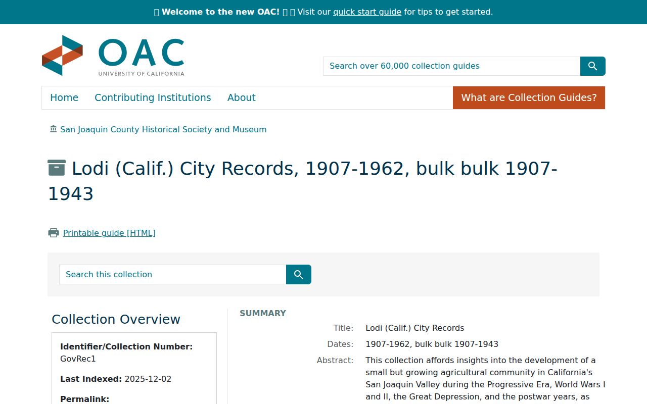 Lodi city directory OAC finding aid for municipal records